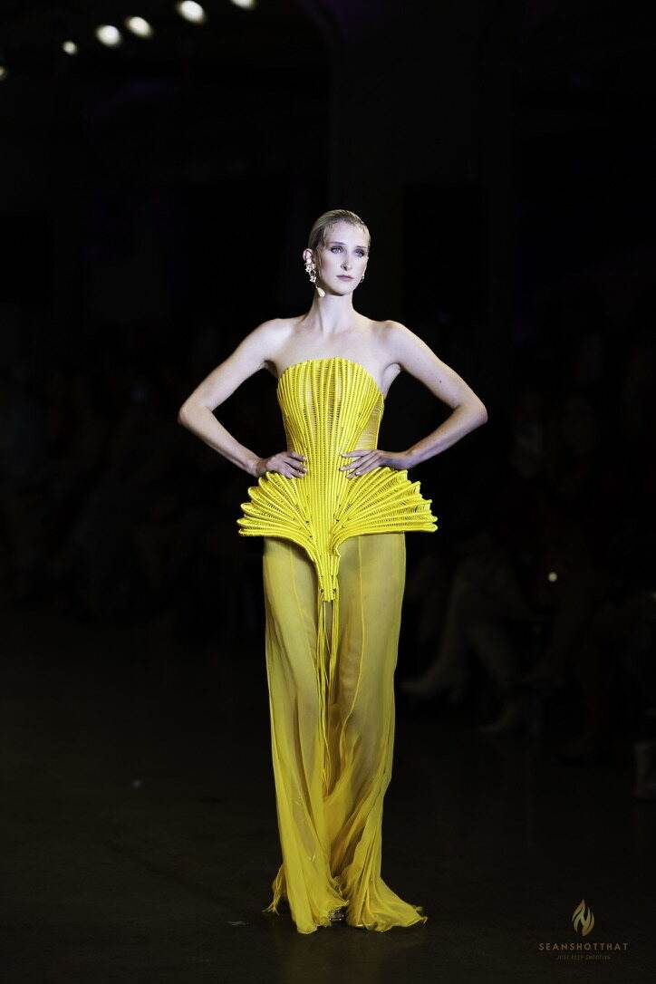 Yellow structured pose from LA Fashion Week / Art Hearts Fashion