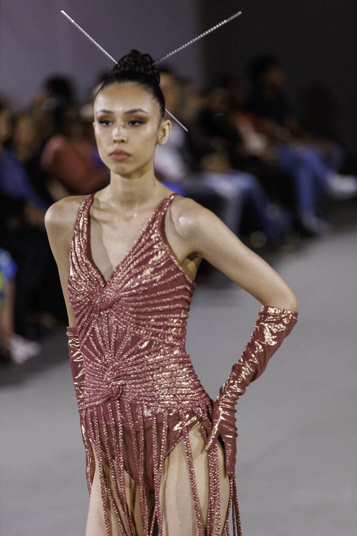 Pink beaded fringe gown from LA Fashion Week / The Bureau