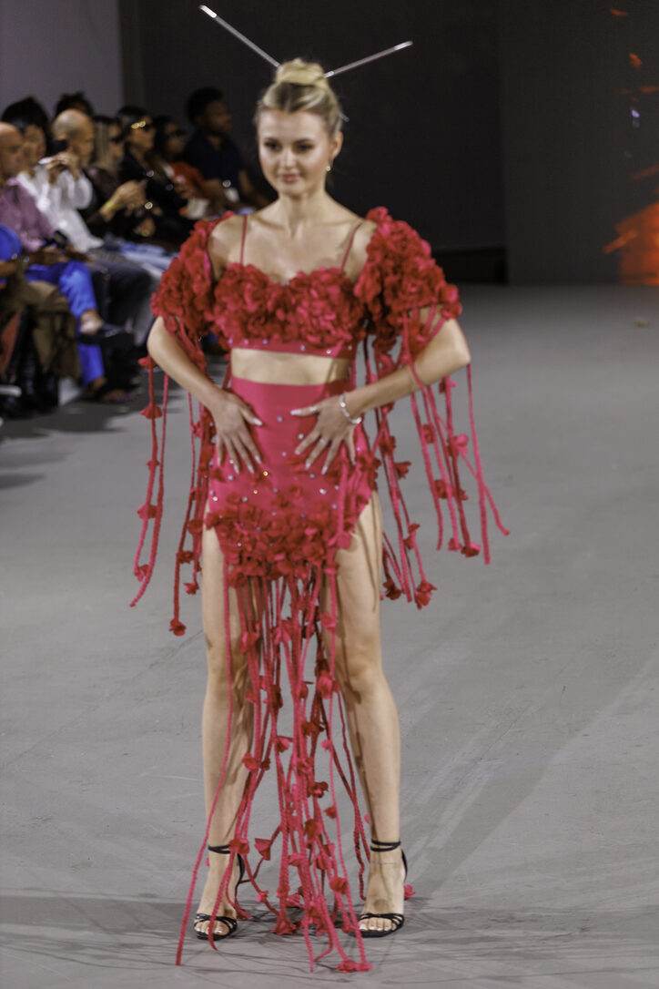 Red sculptural cage look from LA Fashion Week / The Bureau