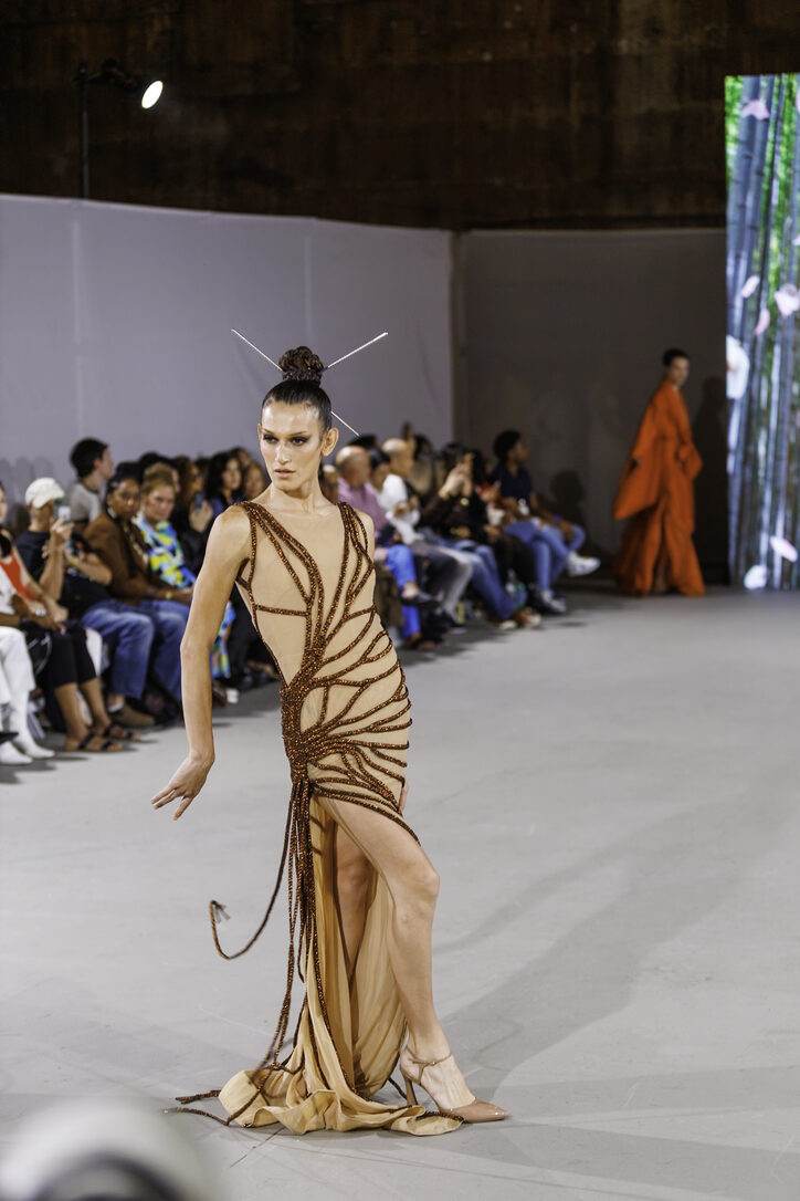 Bronze corded cutout gown from LA Fashion Week / The Bureau