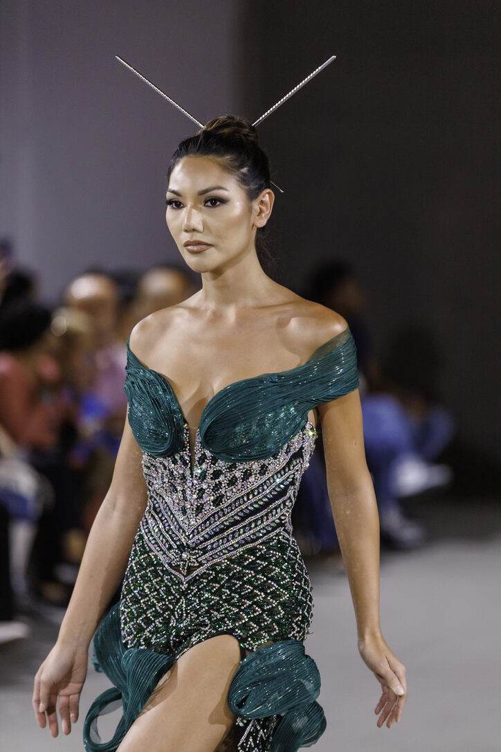 Emerald beaded corset gown from LA Fashion Week / The Bureau