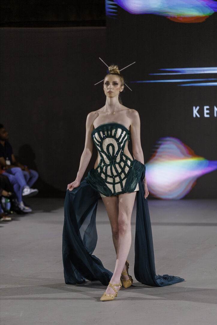 Graphic corset mini and train from LA Fashion Week / The Bureau