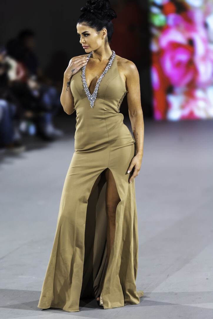 Champagne plunging gown from LA Fashion Week / The Bureau