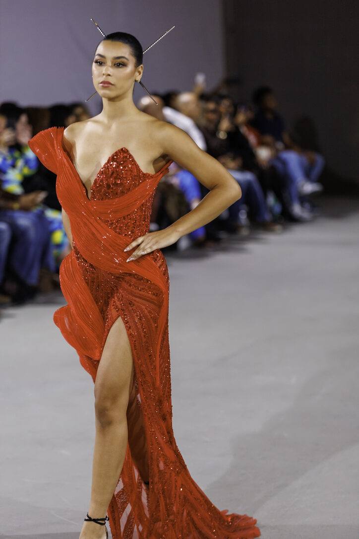 Red beaded sweetheart gown from LA Fashion Week / The Bureau