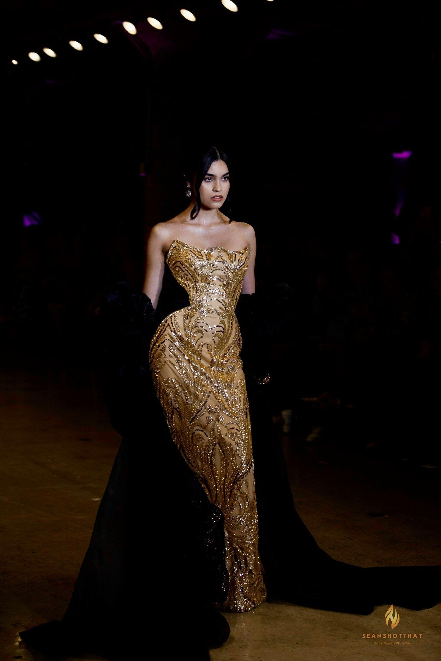 Gold fitted look from LA Fashion Week / Art Hearts Fashion
