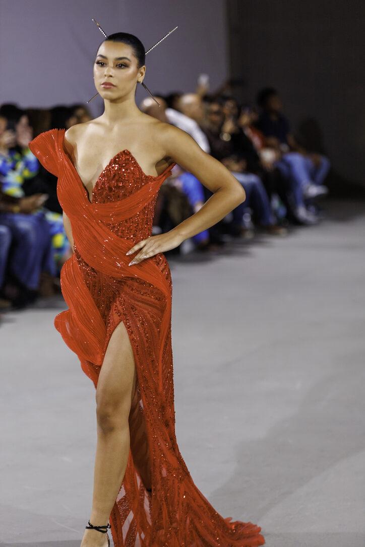 Red one-shoulder exit from LA Fashion Week / The Bureau
