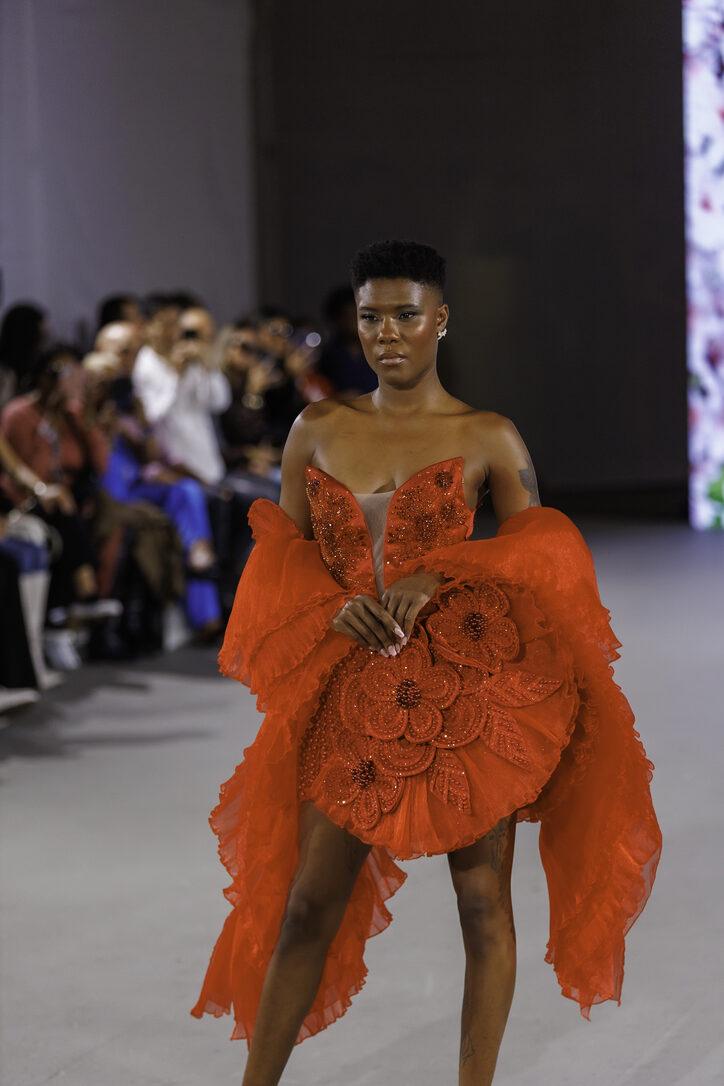 Lime green ruffle gown from LA Fashion Week / The Bureau